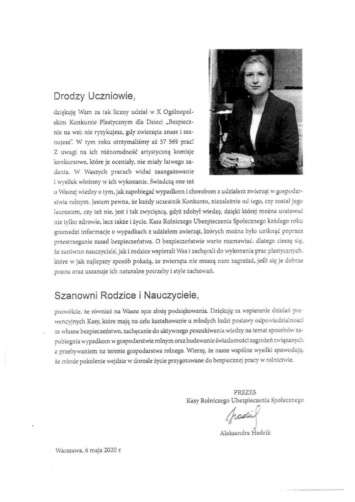 Miniaturka artykułu Podziękowania Prezes KRUS Pani Aleksandry Hadzik (2020-07-01)