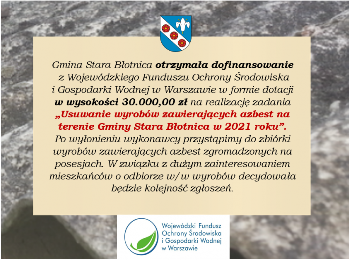 Miniaturka artykułu Usuwanie wyrobów zawierających azbest na terenie Gminy Stara Błotnica w 2021 roku