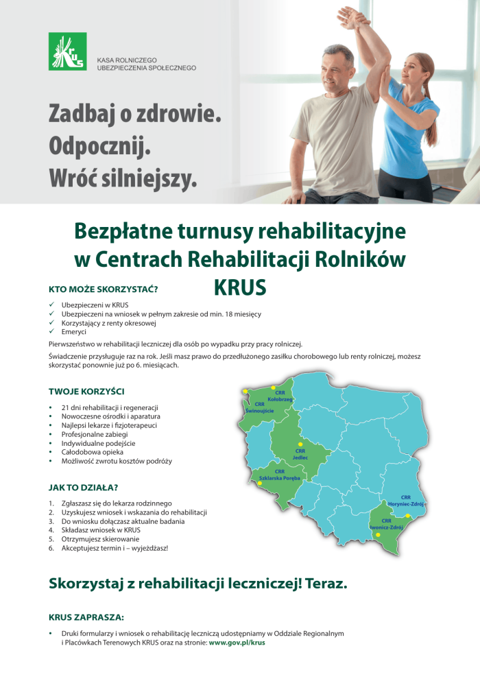 Miniaturka artykułu Bezpłatne turnusy rehabilitacyjne w Centrach Rehabilitacji Rolników KRUS